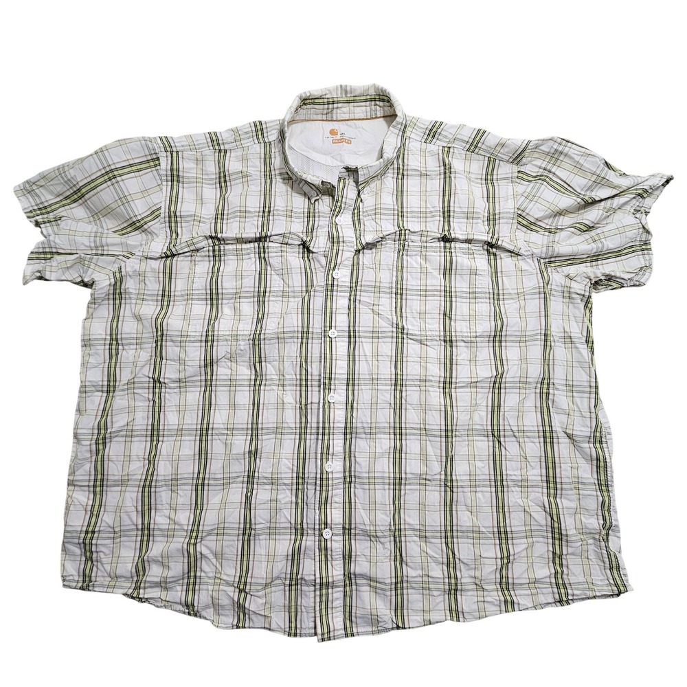 Carhartt Force Mens 4XL Relaxed Fit Plaid Vented Short Sleeve Button Shirt Green